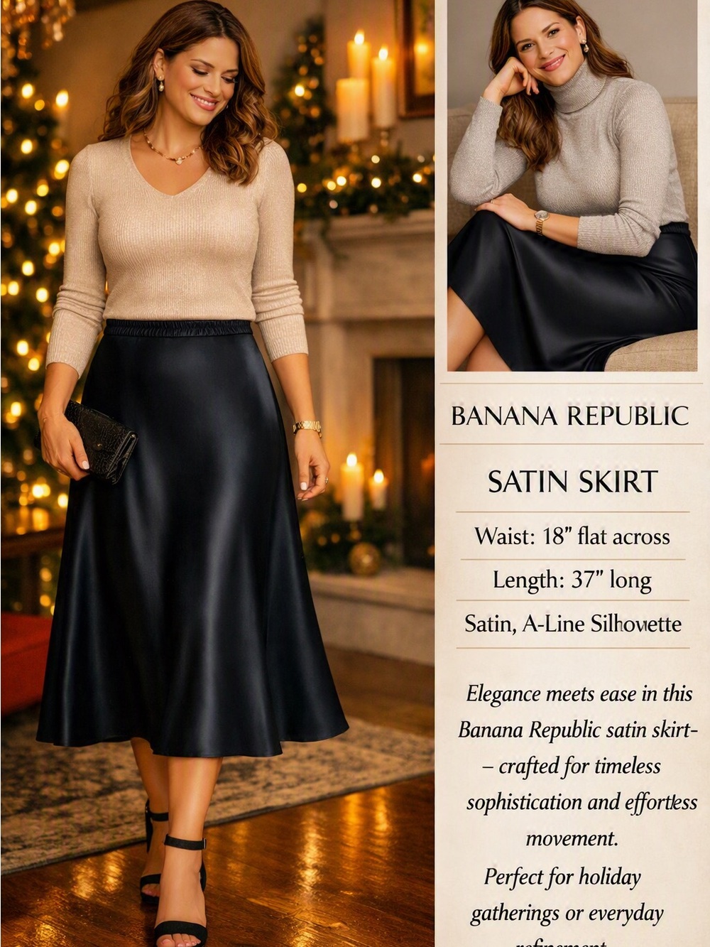 Banana Republic Black Satin A-Line Midi Skirt - Shiny Black